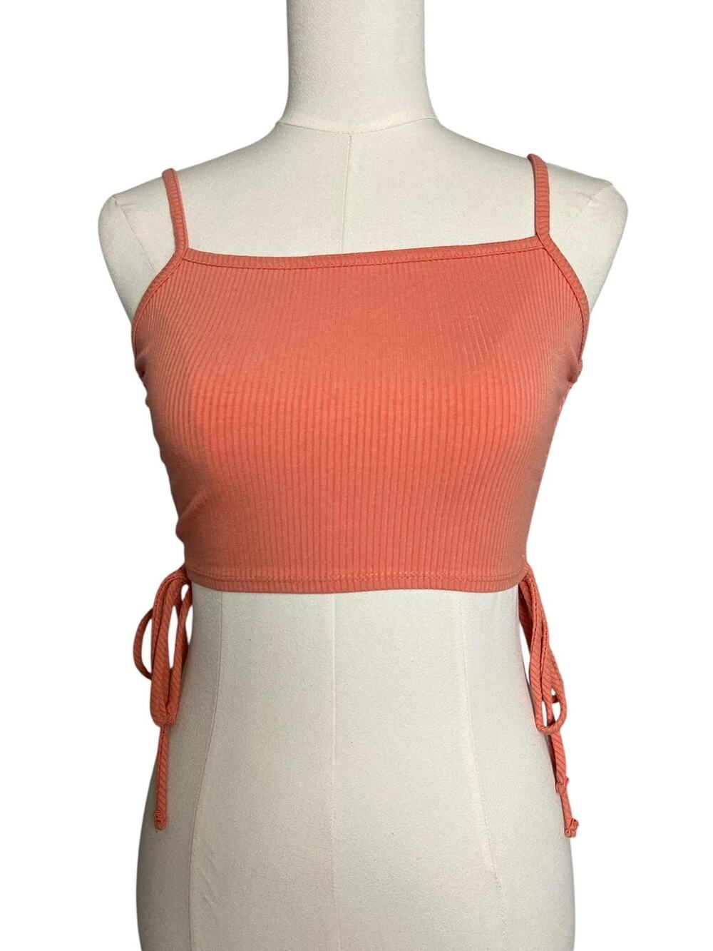 Lulus Ribbed Crop Cami Tank Top Womens Small Orange Ruched Drawstring Summer